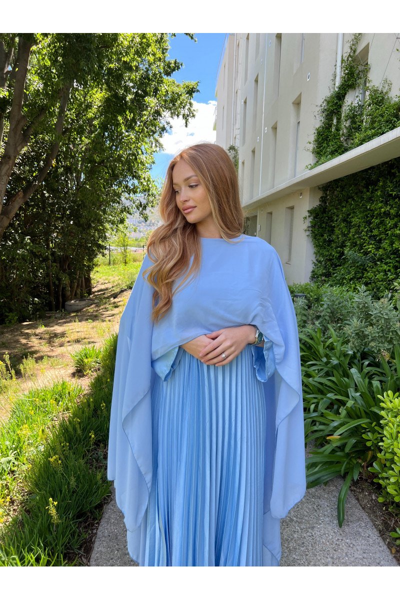 ROBE SATIN PLISSE CAPE 10561 BLEU CIEL